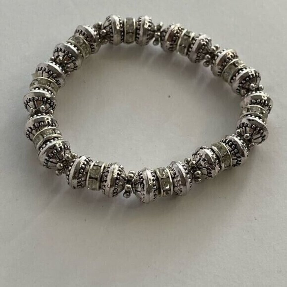 Silver Tone Bracelet with Geometric Design Beads Stretchy Band